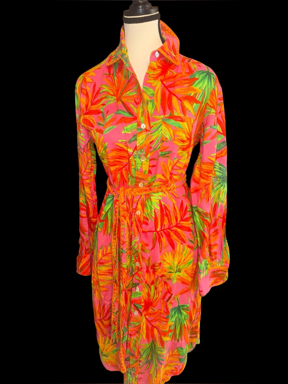 Magaschoni 100% Linen Tropical Shirt Dress coastal long sleeve resort midi small